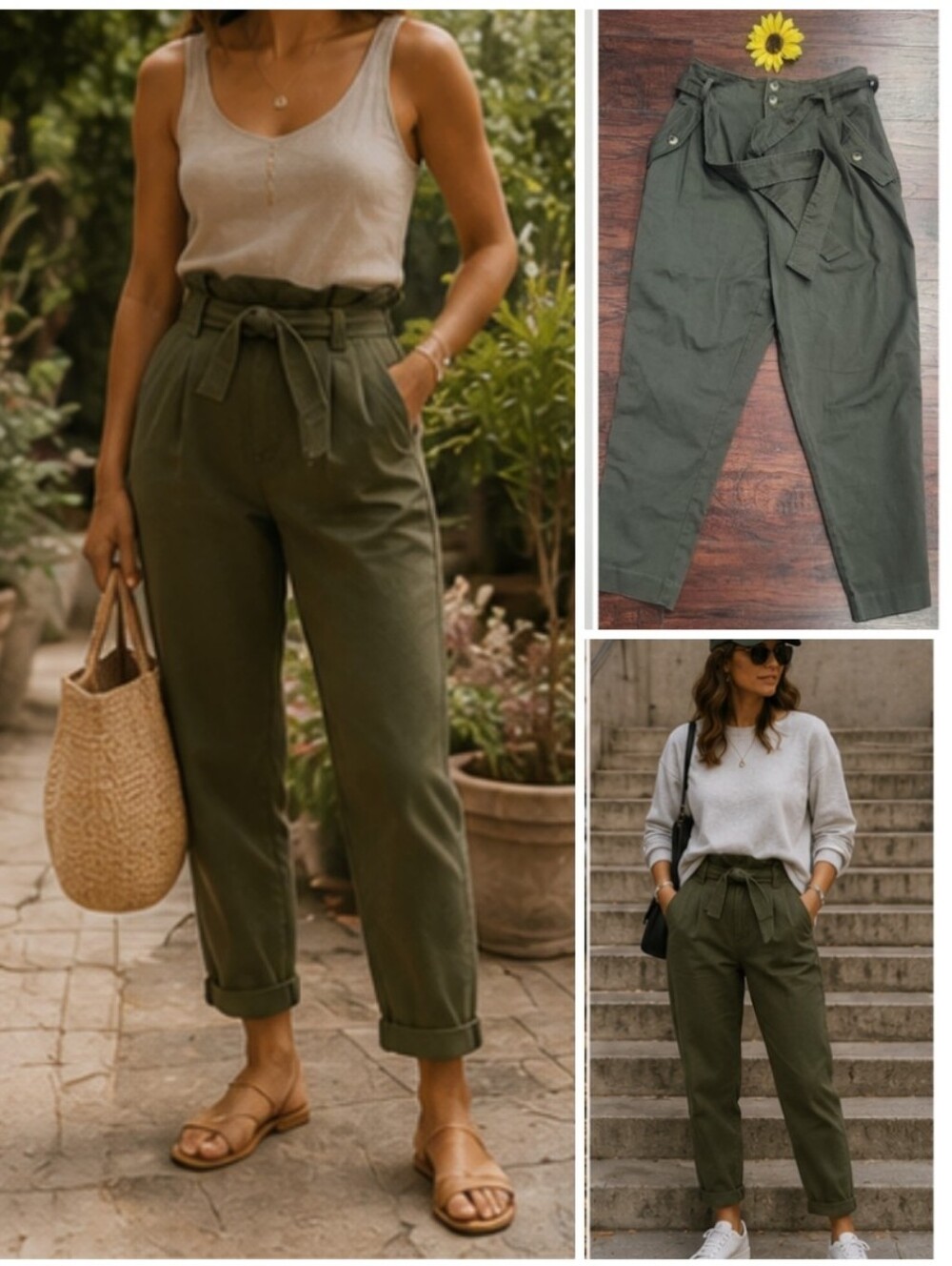 H&M Olive Green High-Waisted Belted Pants